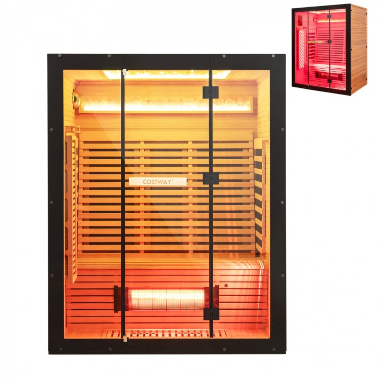 Infrared wooden sauna room for 3 people with heating panels, RGB lighting, and Himalayan salt blocks for relaxation.