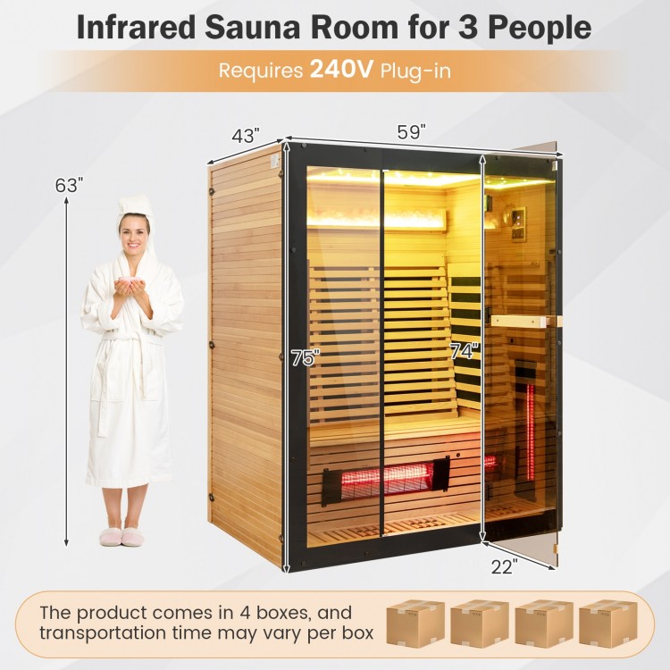 Infrared wooden sauna room for 3 people with RGB lighting, Himalayan salt blocks, and dual heating system for.