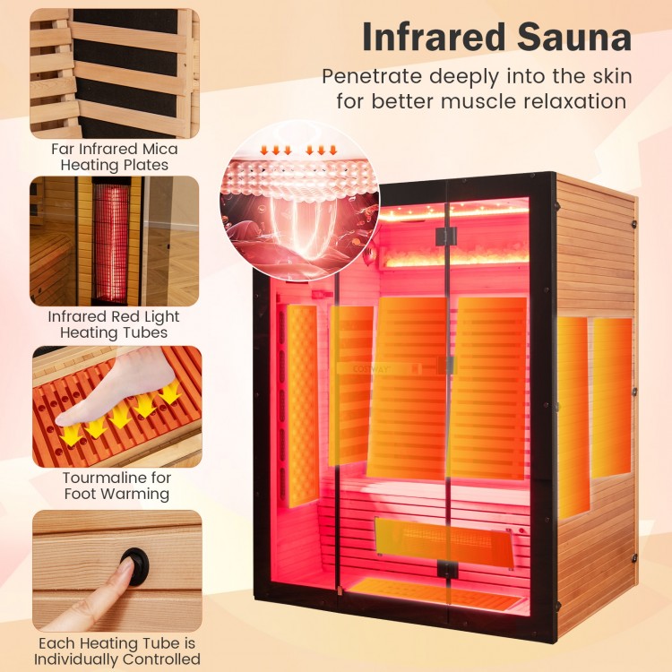 Infrared sauna room for 3 people featuring mica heating panels, red light tubes, and customizable RGB lighting for.