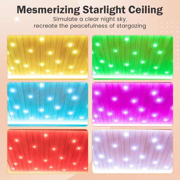 Ceiling lights in the infrared wooden sauna room simulate a starlit sky with RGB colors for a calming atmosphere.