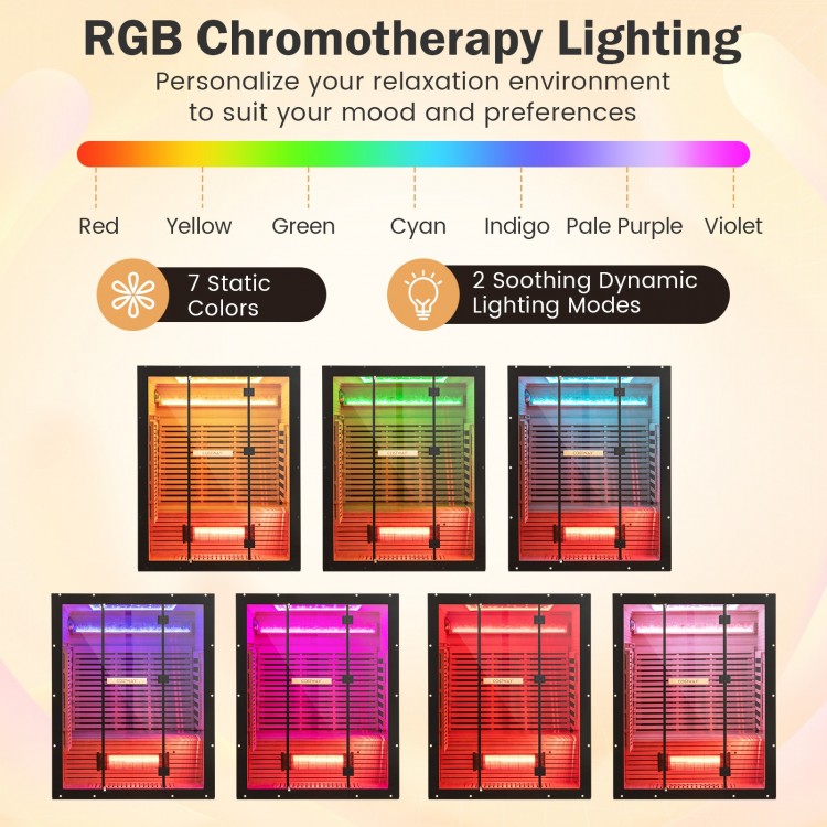 Infrared wooden sauna room for 3 with RGB chromotherapy lighting, Himalayan salt blocks, and adjustable heating panels.