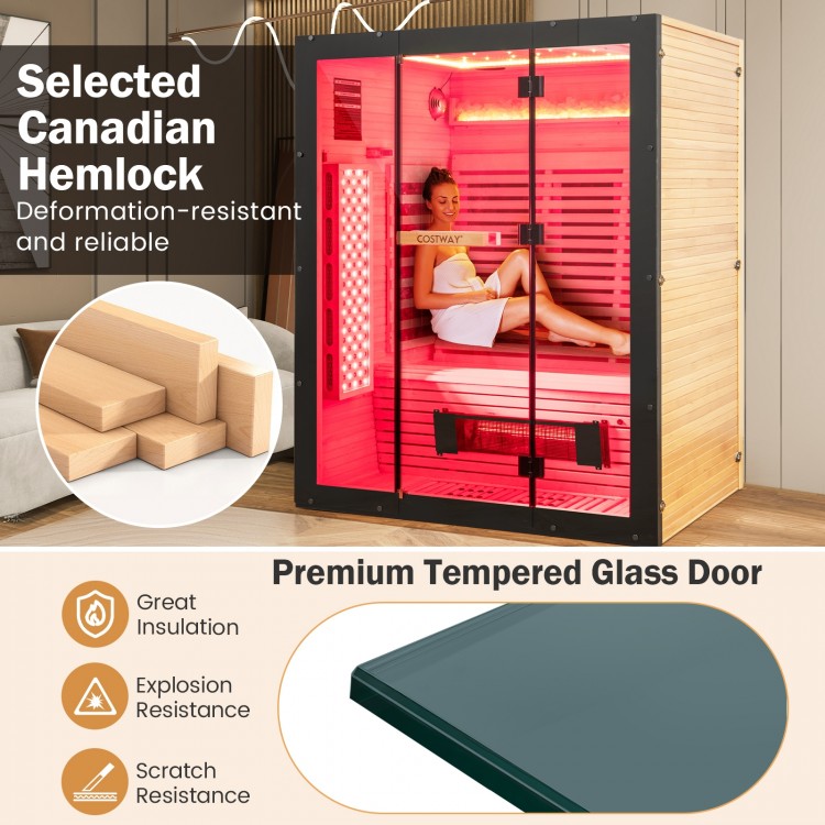 Infrared wooden sauna room for 3 people with RGB lighting, Himalayan salt blocks, and premium tempered glass door.