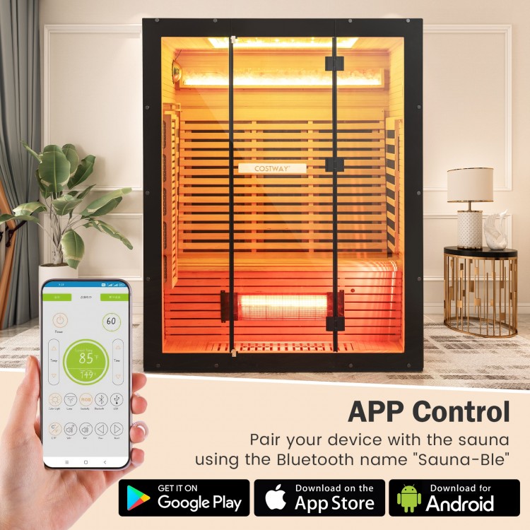 Infrared wooden sauna room for 3 people with RGB lighting, Bluetooth control, and dual heating panels for relaxation.