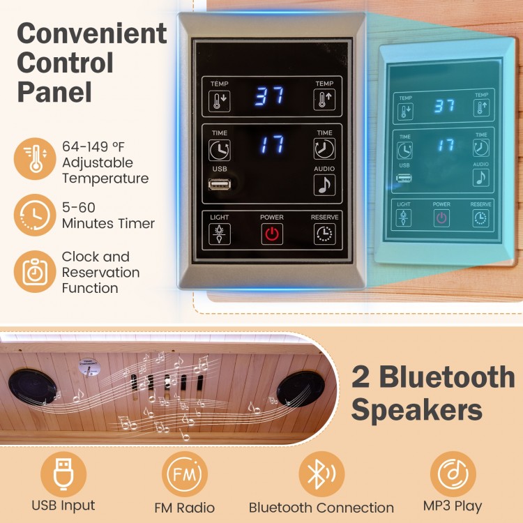 Infrared wooden sauna room for 3 people with adjustable temperature, RGB lighting, and 2 Bluetooth speakers for.