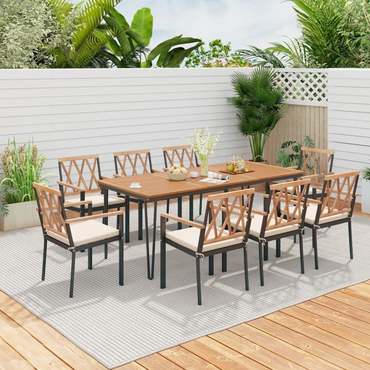 9-piece patio dining set featuring a 35.5-inch acacia wood table and 8 cushioned chairs, perfect for outdoor gatherings.