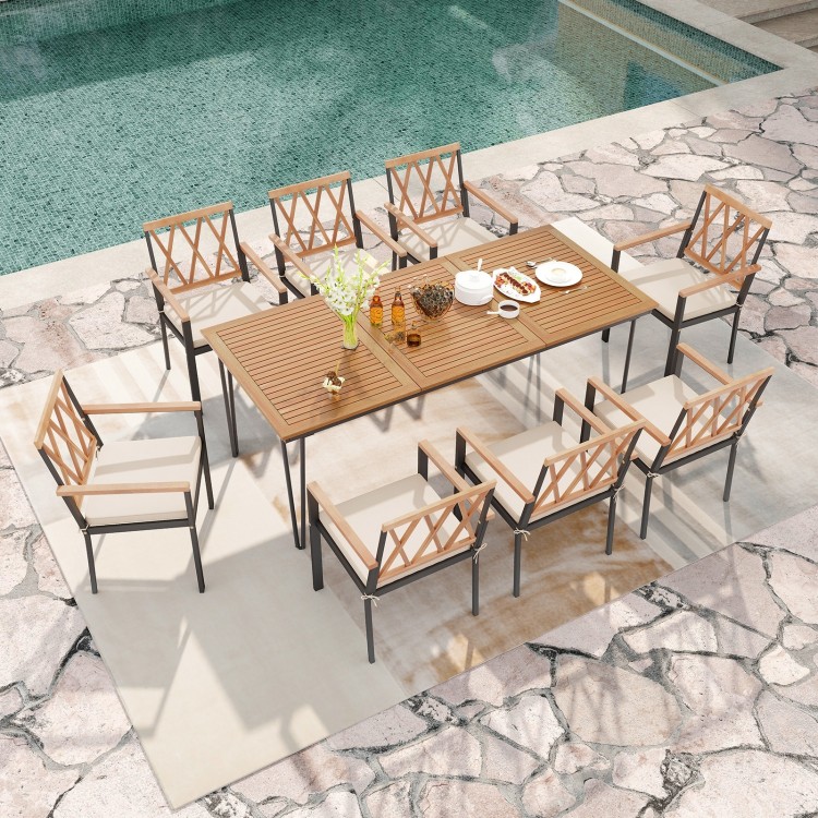 Top view of a 9-piece patio dining set showcasing a spacious acacia wood table surrounded by 8 cushioned chairs, ideal.