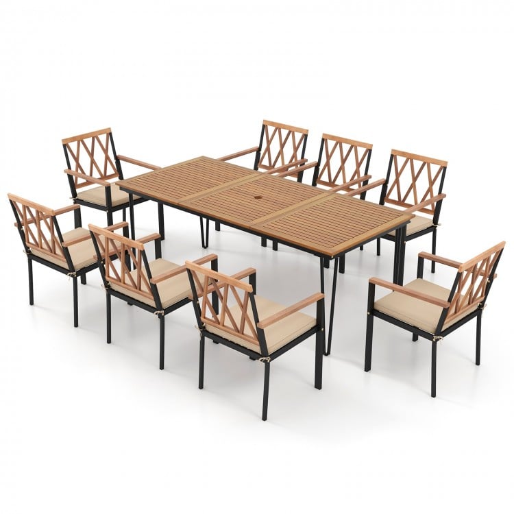 Elegant 9-piece patio dining set with a spacious acacia wood table and ergonomic chairs, perfect for outdoor dining.