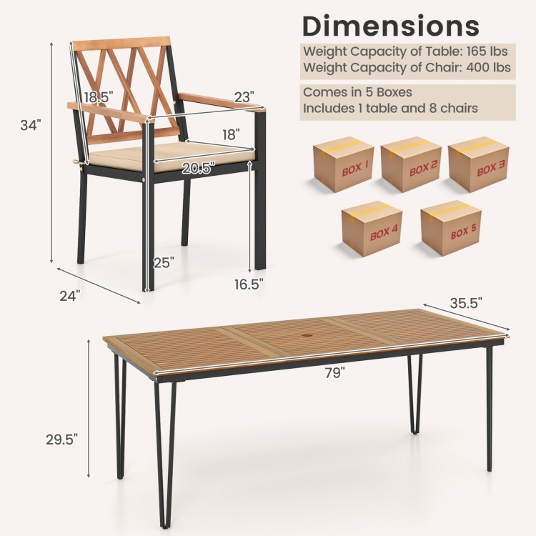 9-piece patio dining set featuring a 35.5-inch acacia wood table and 8 cushioned chairs, perfect for outdoor relaxation.
