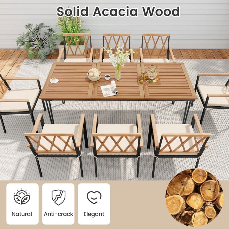 9-piece patio dining set featuring a solid acacia wood table and cushioned chairs, perfect for outdoor relaxation.