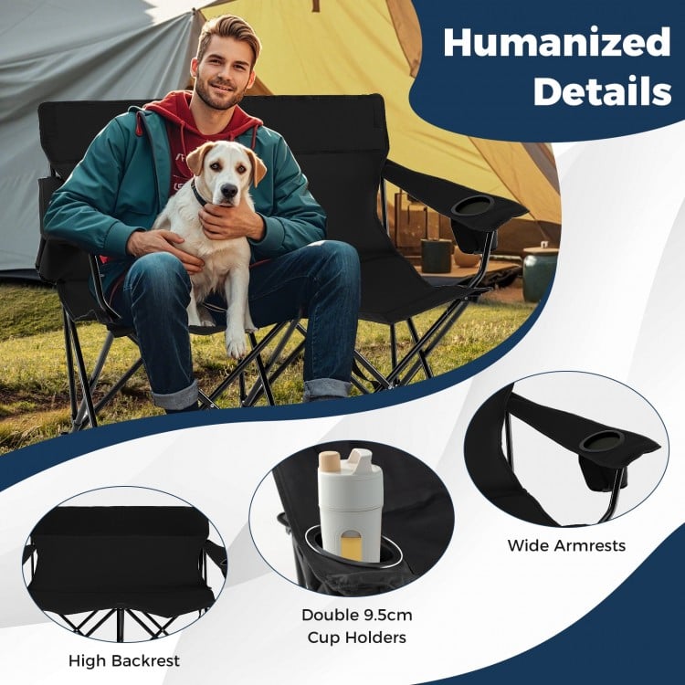 Double camping chair for two with high backrest, wide armrests, and cup holders, perfect for outdoor relaxation.