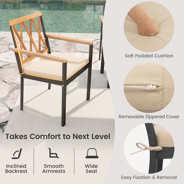 Cushioned patio chair with inclined backrest and smooth armrests, featuring a removable zippered cover for easy.