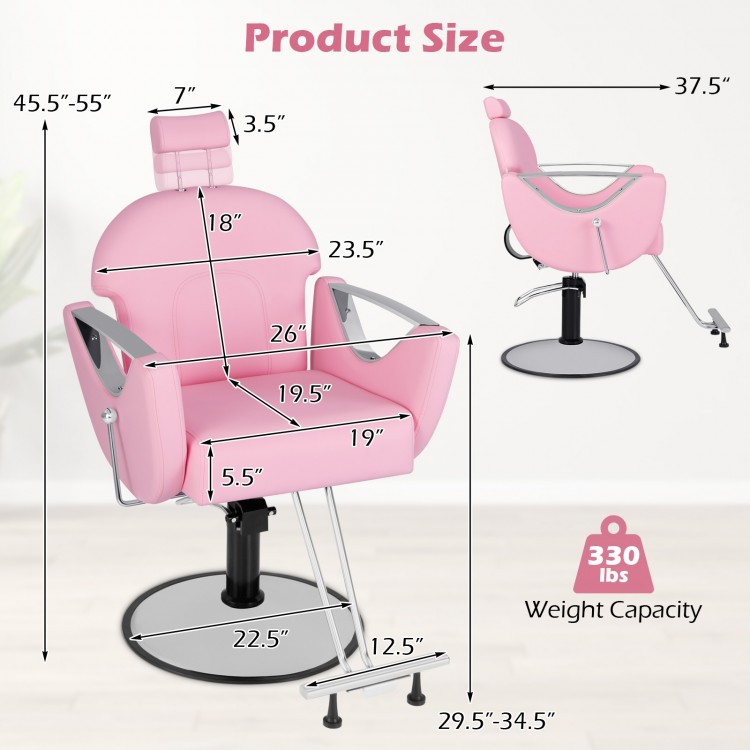 Pink 360° swivel reclining salon chair with adjustable height, sturdy metal frame, and detachable headrest for.