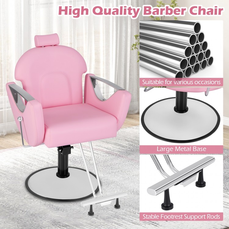 Pink 360° swivel reclining salon chair with PVC leather, adjustable height, and sturdy metal base for hair styling.