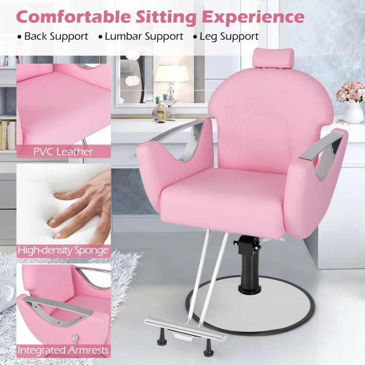 Pink 360° swivel reclining salon chair with PVC leather, high-density sponge, and adjustable height for hairstyling.
