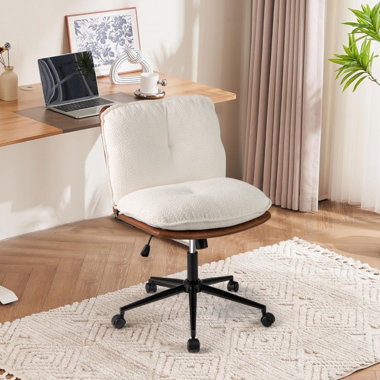 Armless home office chair with rocking backrest, adjustable height, and comfortable boucle cushion for ergonomic.