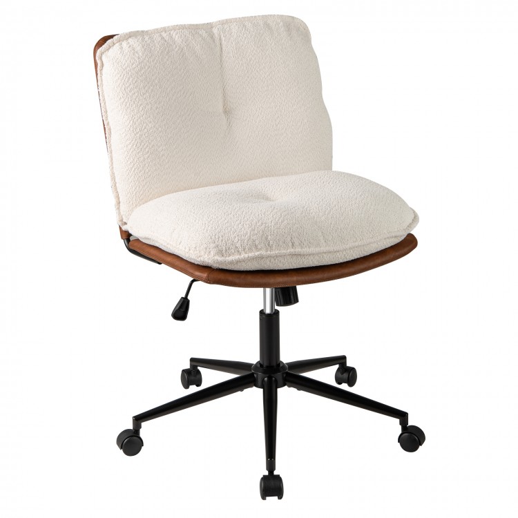 Armless home office chair with a rocking backrest, adjustable height, and soft boucle cushions for comfort and support.