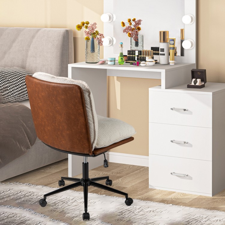Armless home office chair with a rocking backrest, featuring a contoured seat and premium PU leather, ideal for desk.