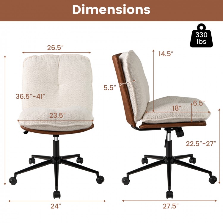Armless home office chair with adjustable height, rocking backrest, and comfortable boucle fabric, ideal for desk use.