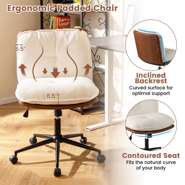 Armless ergonomic office chair with a rocking backrest, contoured seat, and adjustable height for optimal comfort.