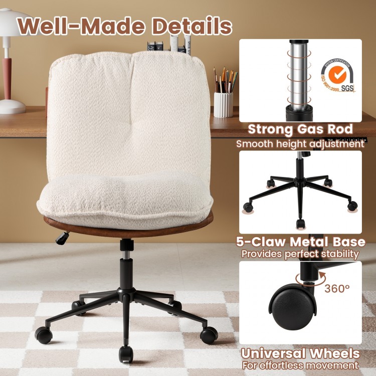 Armless home office chair with rocking backrest, adjustable height, and 360° wheels for easy movement and comfort.