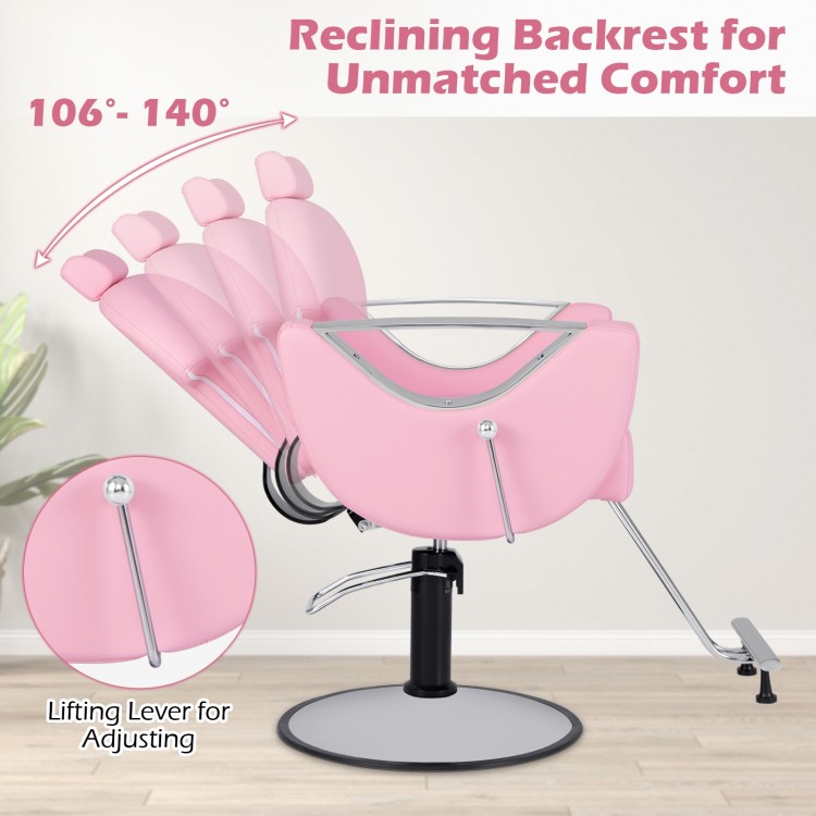Pink 360° swivel reclining salon chair with adjustable backrest from 106° to 140° for hairstyling comfort.