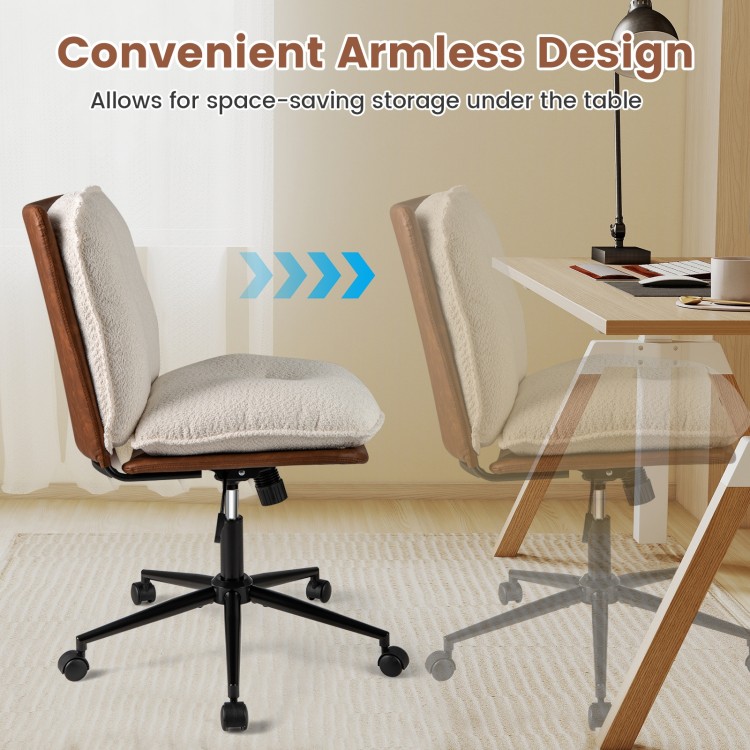 Armless home office chair with rocking backrest, adjustable height, and comfortable boucle cushion for space-saving.