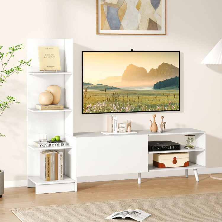 Modern white TV stand for TVs up to 50 inches, featuring a 4-tier bookshelf and adjustable shelves for versatile.