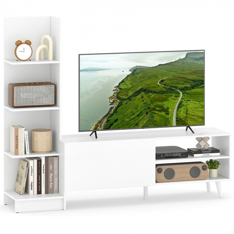Modern white TV stand for TVs up to 50 inches, featuring a 4-tier bookshelf and spacious storage compartments.
