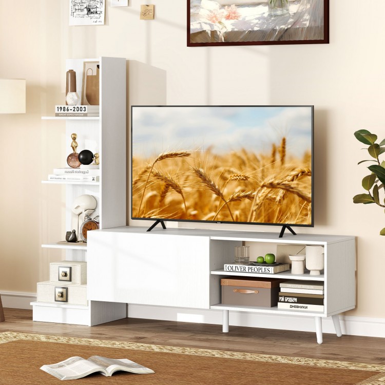 Modern mid-century TV stand in white for TVs up to 50 inches, featuring adjustable shelves and spacious storage.