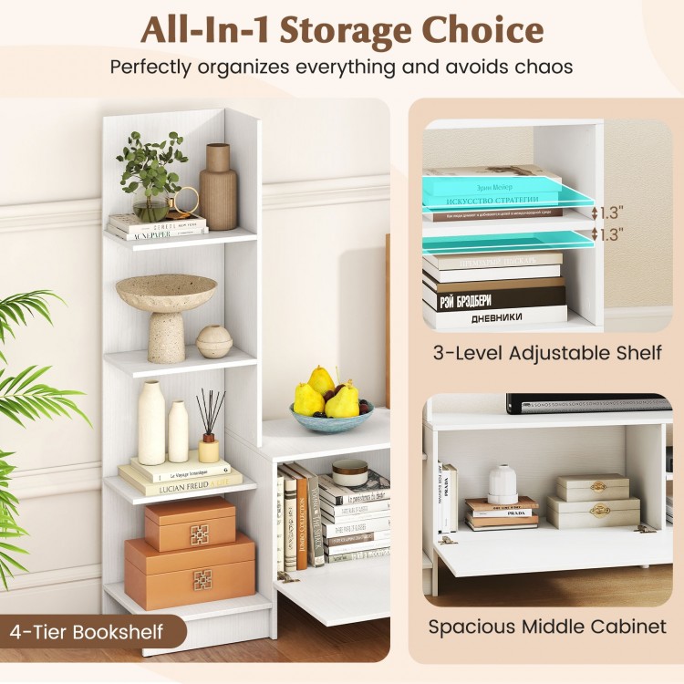 4-tier bookshelf with a modern white finish, featuring a spacious middle cabinet and adjustable shelf for versatile.