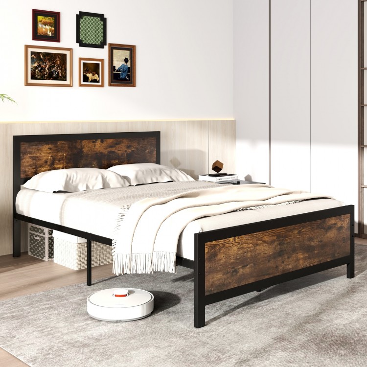 Full-size metal bed frame with rustic wood grain headboard and footboard, featuring 11" under-bed storage for.