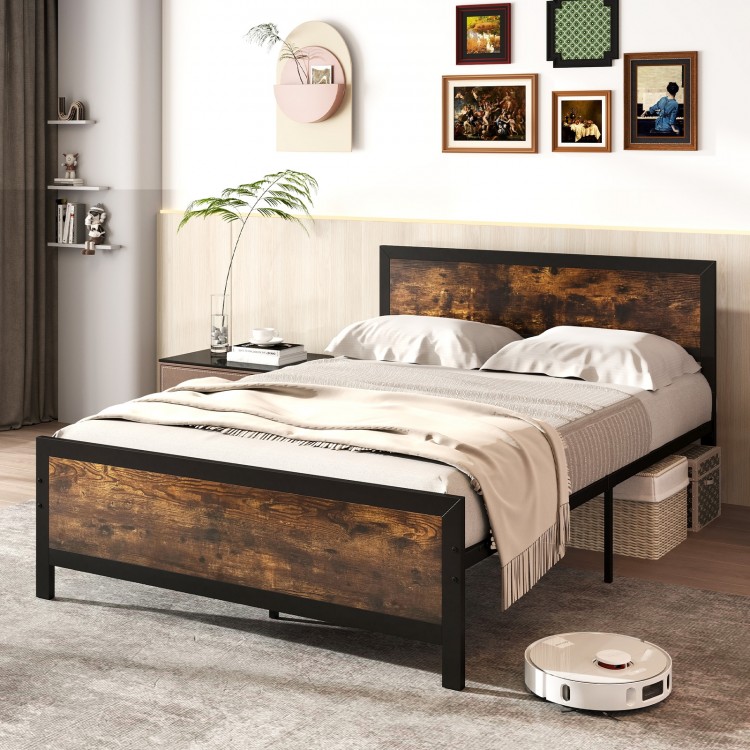 Full-size metal bed frame with rustic wood grain, sturdy support legs, and 11" under-bed storage for organized space.