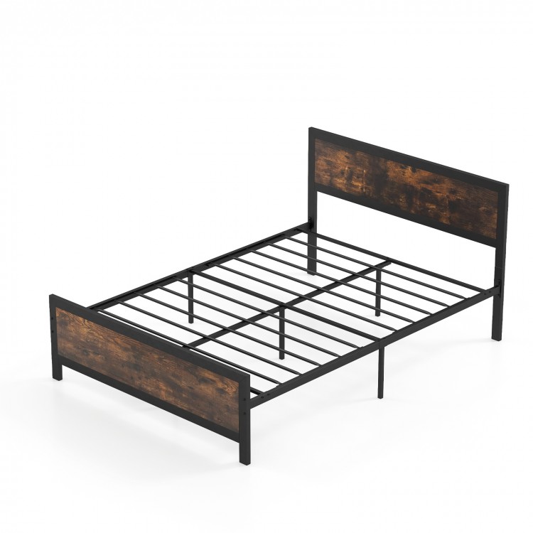 Full size metal bed frame with rustic wood grain headboard, sturdy slats, and 11" under-bed storage for organization.