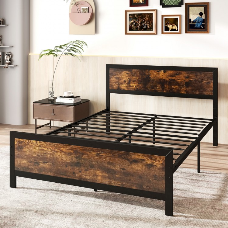 Full size metal bed frame with rustic wood grain headboard, sturdy support legs, and 11" under-bed storage space.