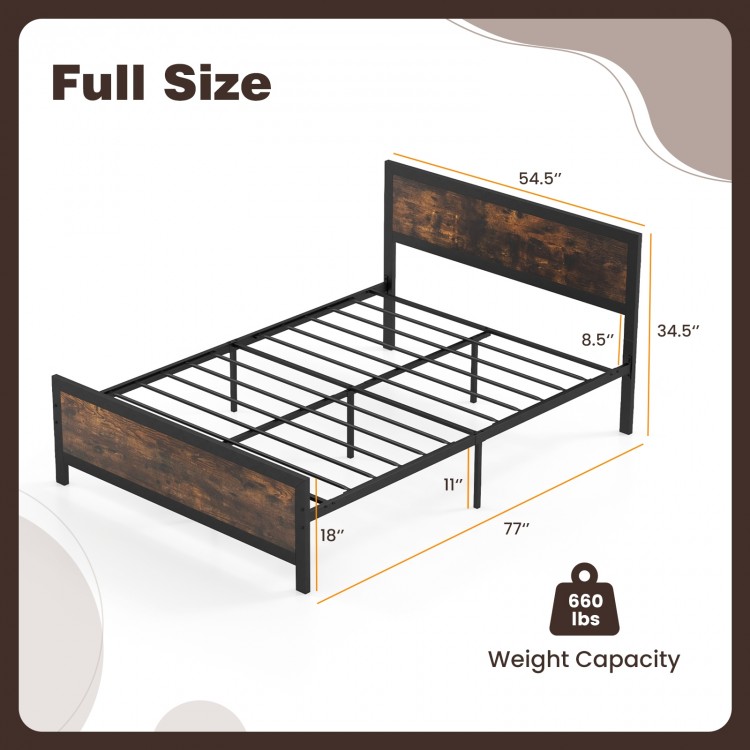 Full-size metal bed frame showcasing powder-coated slats, sturdy legs, and dimensions for convenient mattress placement.