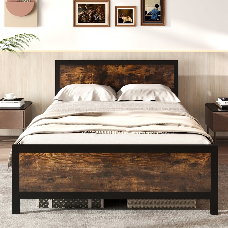 Full-size metal bed frame with rustic wood grain headboard, sturdy support legs, and 11" under-bed storage space.