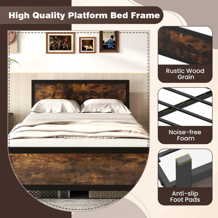 Full-size metal bed frame with rustic wood grain, sturdy support legs, and anti-slip foot pads for a stable and stylish.