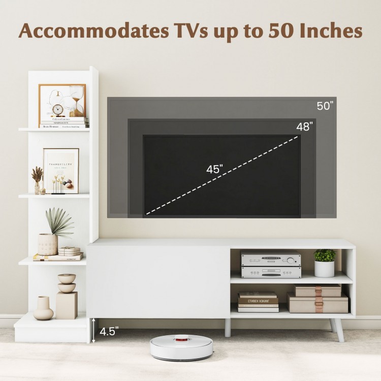 Spacious white TV stand for TVs up to 50 inches, showcasing a sleek design with a side compartment and bottom clearance.
