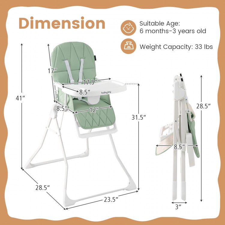 Green Easy Clean Compact Highchair with adjustable tray, removable cushion, and foldable design for easy storage.