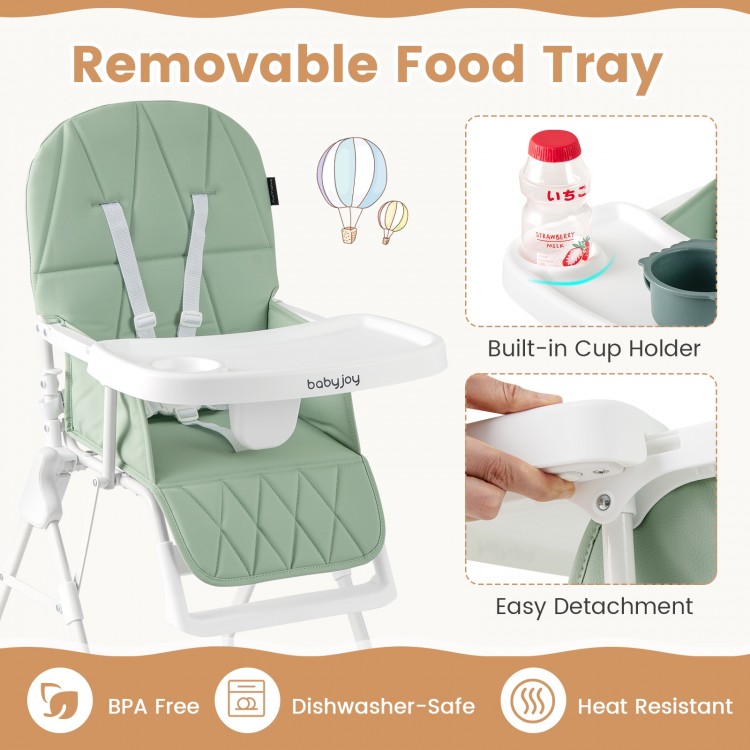 Compact highchair in green with removable tray, built-in cup holder, and easy detachment for convenient feeding.