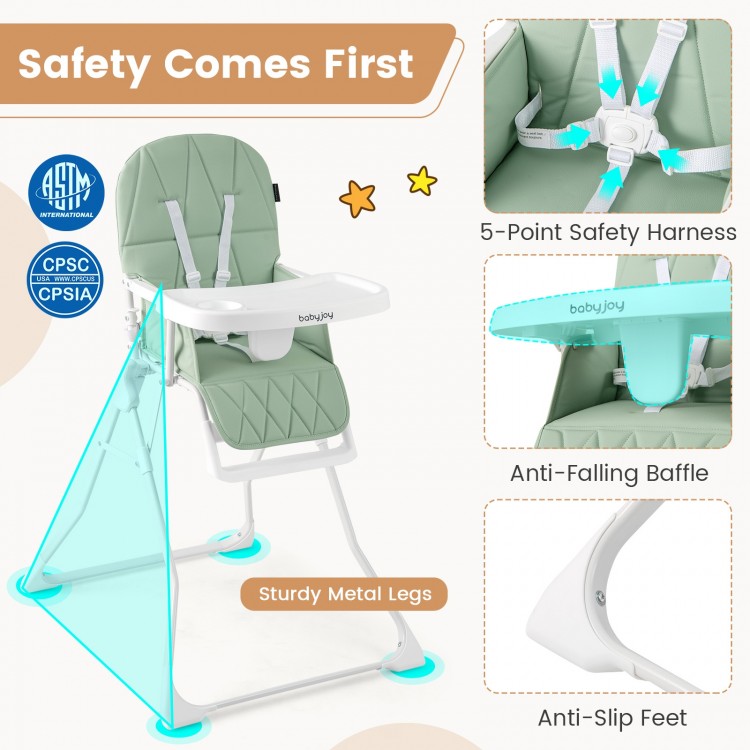 Compact highchair in green with removable tray, safety harness, and sturdy metal legs for secure feeding.