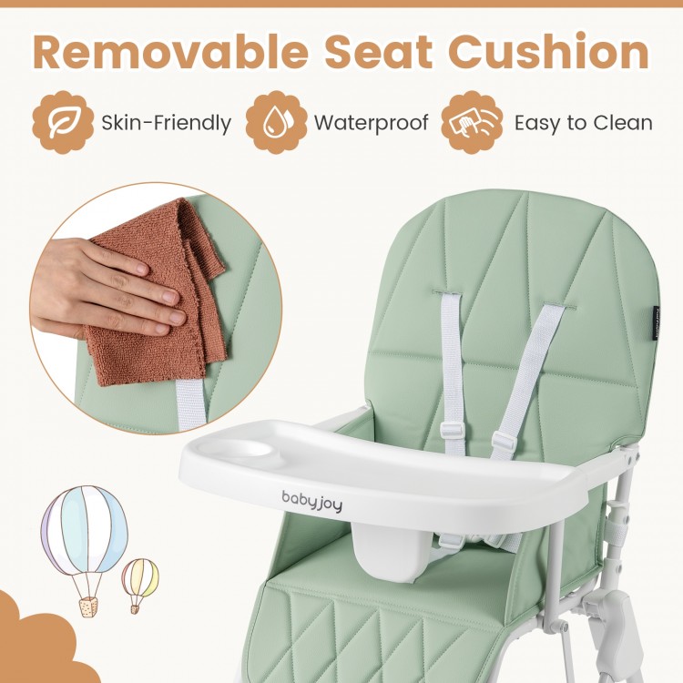 Removable green PU seat cushion with easy-clean surface, adjustable tray, and built-in cup holder for highchair.