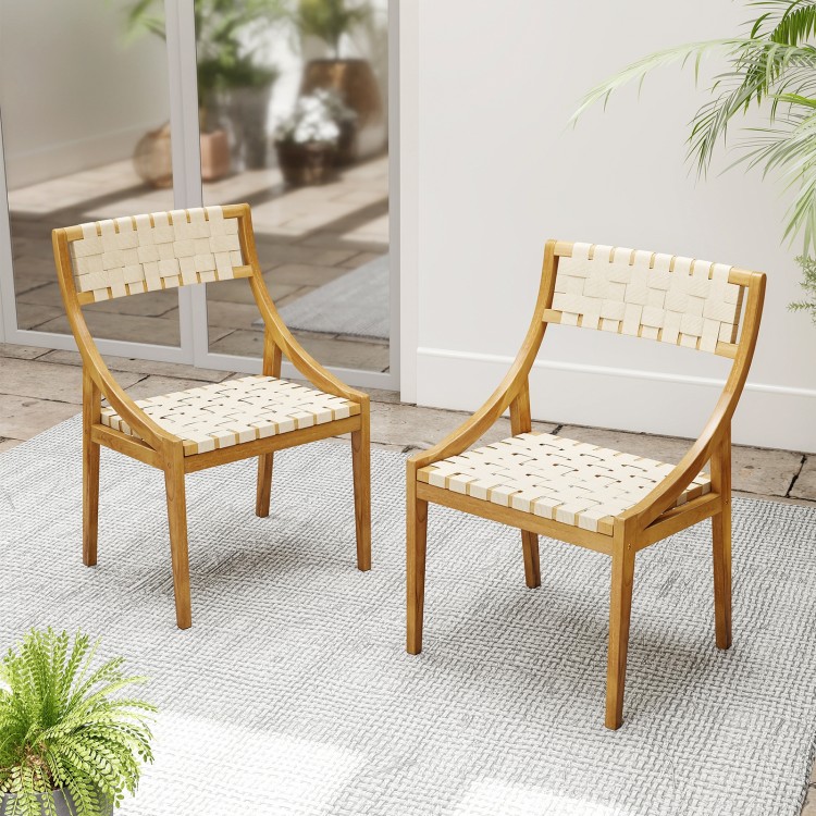 Set of 2 outdoor dining chairs with ergonomic teak wood structure and webbing seats, perfect for indoor and outdoor use.