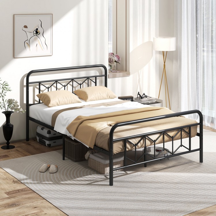 Full-size platform bed with high headboard, metal slats, and modern graphic patterns for a stylish bedroom setup.