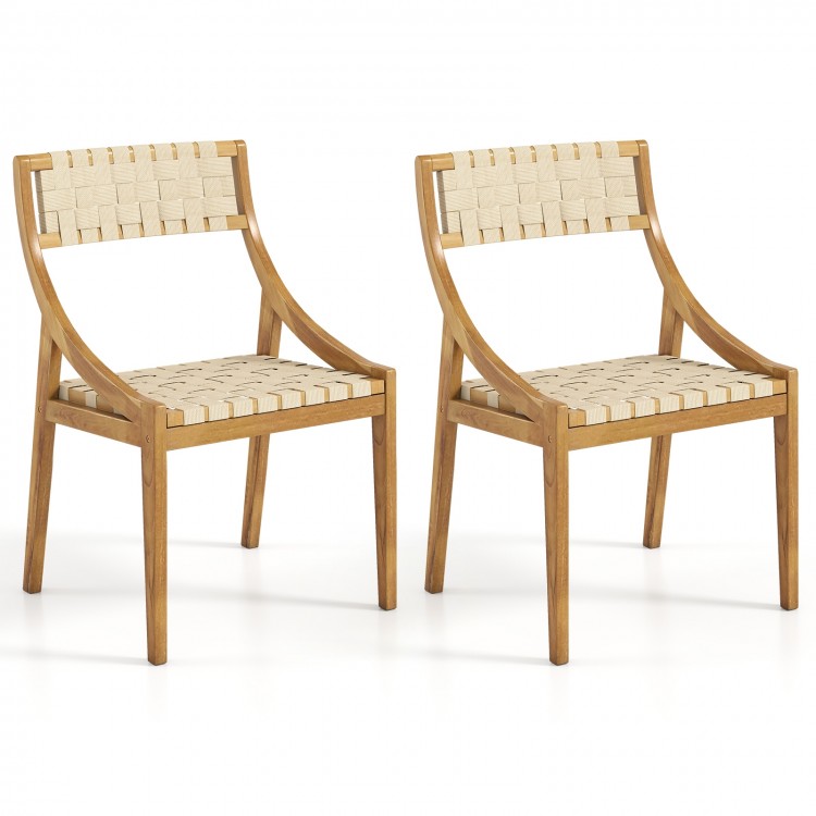 Set of 2 outdoor dining chairs with natural teak wood, webbing design, and ergonomic support for comfortable seating.