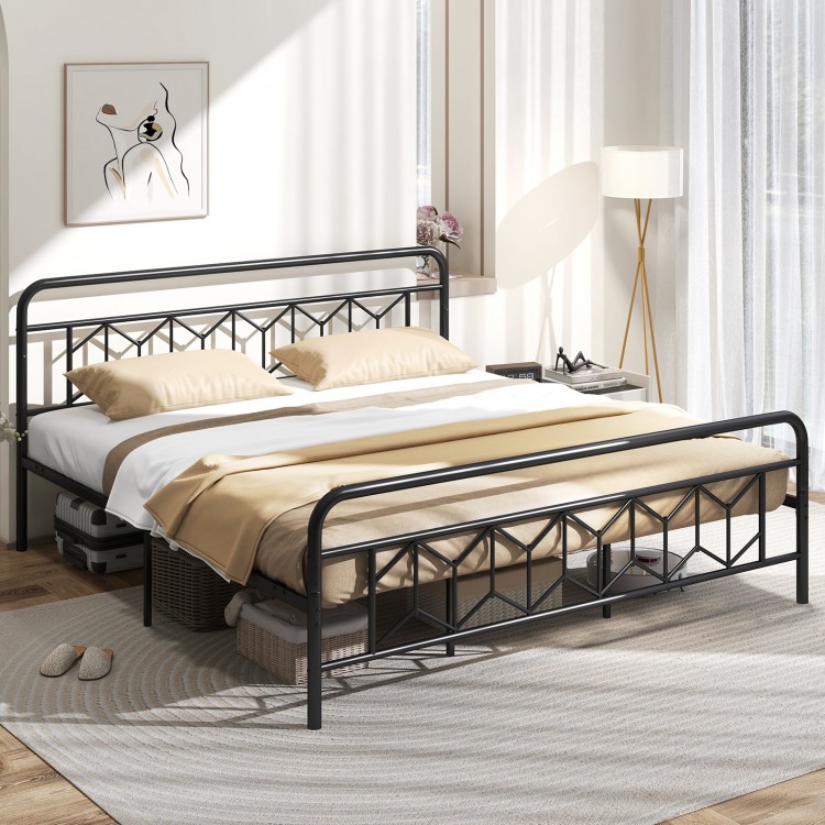 King size platform bed with high headboard, metal slats, and modern design, perfect for stable sleeping and storage.