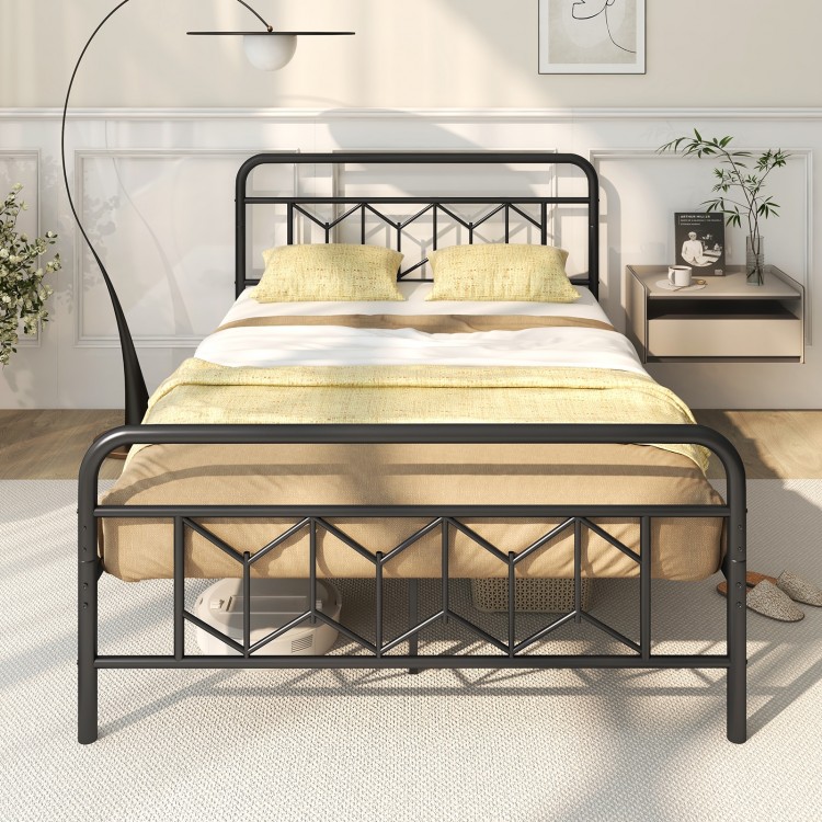 Full size platform bed with high headboard, metal slats, and modern design, perfect for stylish bedroom storage.