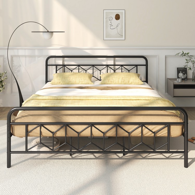 King size platform bed with high headboard, metal slats, and modern graphic patterns for a stylish bedroom setup.