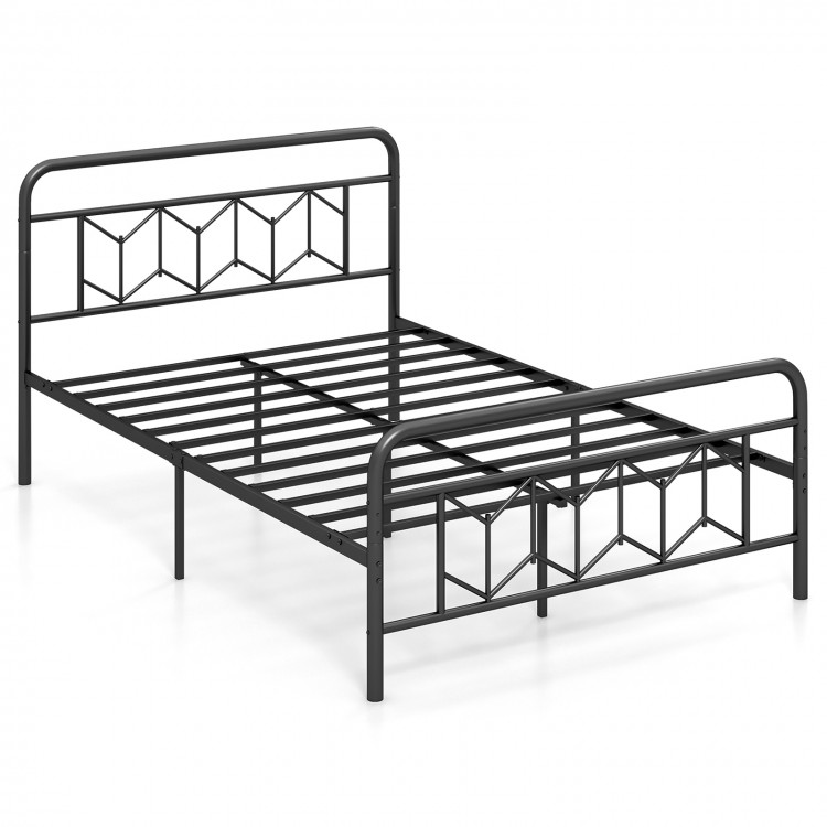 Full-size platform bed with high headboard, metal slats, and modern geometric design for stable sleeping and storage.