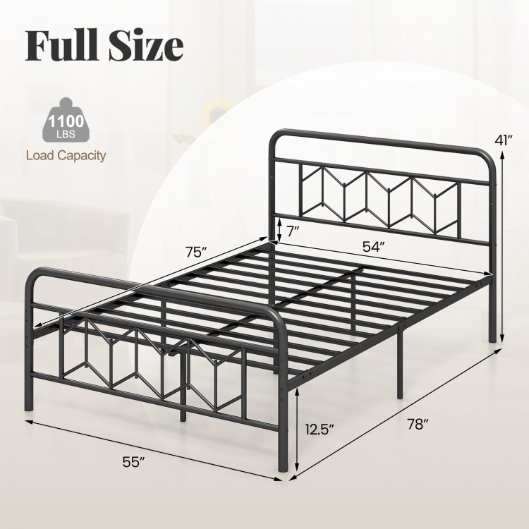 Full size platform bed with high headboard, metal slats, and modern design, offering 1100 lbs load capacity and ample.